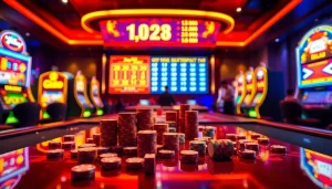 Experience the excitement of nổ hũ at a vibrant casino with colorful slot machines and jubilant players.