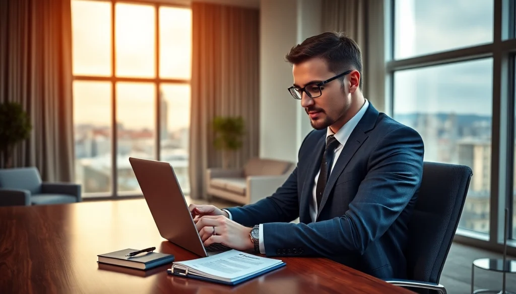 Headhunter Schweiz prüft Bewerbungen in einem eleganten Büro mit Stadtblick.