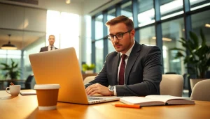 Headhunter arbeitet konzentriert in einem modernen Büro mit Laptop und Dokumenten.
