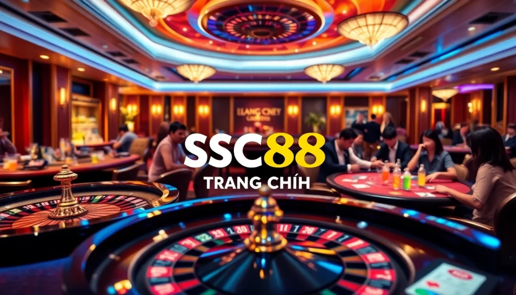 Players engage in thrilling games at the SC88 Trang Chủ casino, enjoying poker and roulette.
