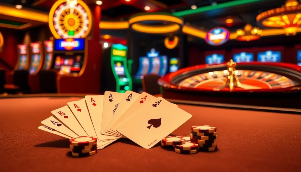 IWIN68 poker table and roulette wheel in a luxurious casino setting.