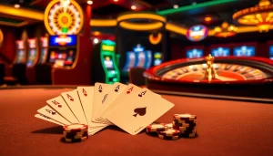 IWIN68 poker table and roulette wheel in a luxurious casino setting.