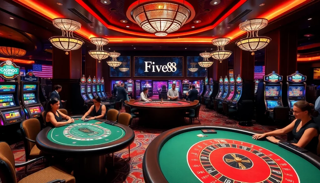 Experience the thrill of Casino Five88 with vibrant gaming tables and luxurious atmosphere.