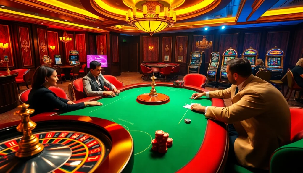 A vibrant casino scene featuring the nohu900.ws logo amongst poker games and roulette tables, highlighting luxury.