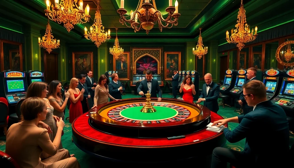 Lucky win celebration at a luxurious casino with poker chips and roulette table.
