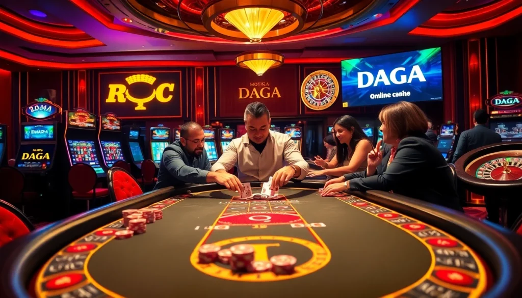 Daga players enjoying a high-stakes poker game in a vibrant casino setting.