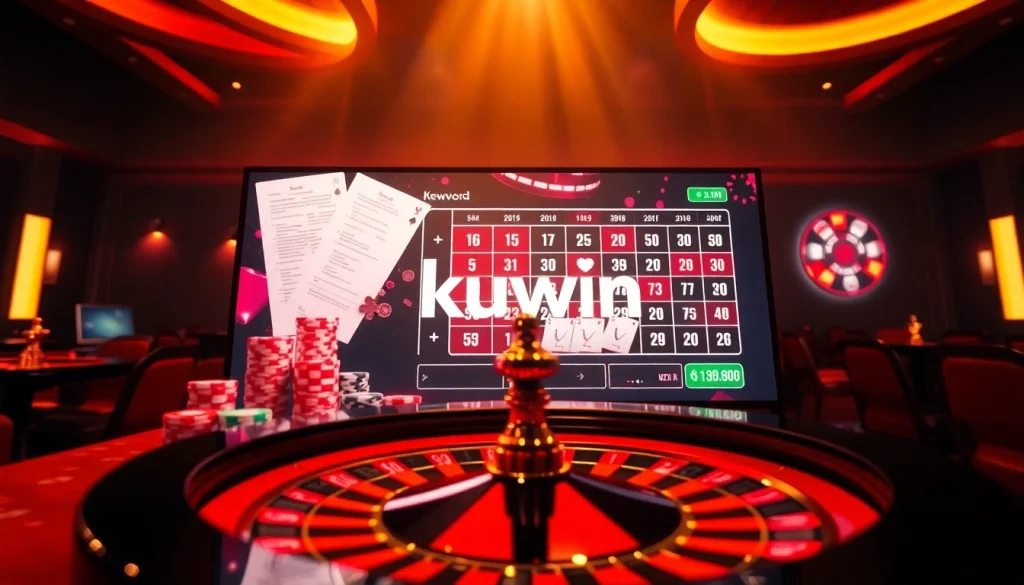 Kuwin đăng nhập experience with vibrant casino chips and betting slips in an exciting online gaming interface.