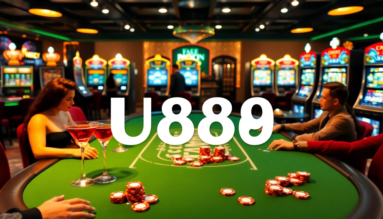 Experience the thrill of gaming at U888 with vibrant casino tables and slot machines.
