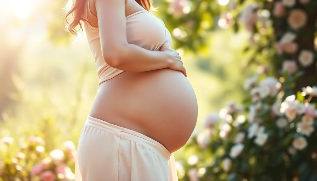 Schwangere Frau posiert beim Babybauch Fotoshooting im Freien, umringt von Blumen.