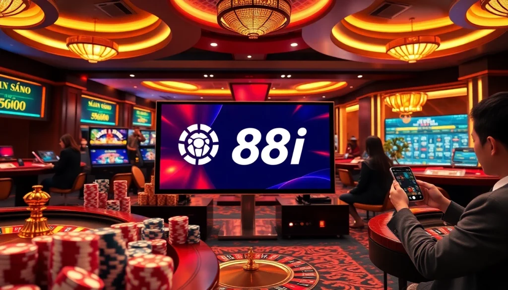 Engaging scene of online gambling with 88i đăng nhập displayed on app, casino elements present.