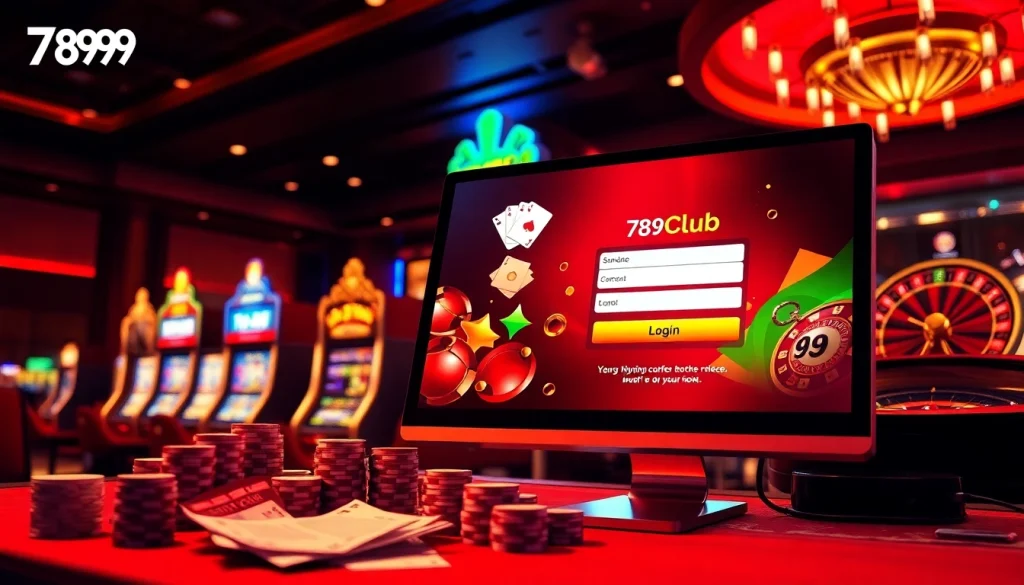 Experience seamless đăng nhập 789club with engaging casino visuals, featuring roulette wheels and vibrant slot machines.