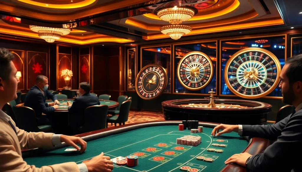 Engaging players at a luxurious casino table during đăng nhập 789club, surrounded by vibrant chips and cards.