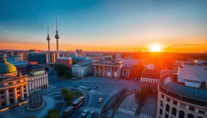 Drohnenfotos Berlin, beeindruckende Vogelperspektive über die Stadt mit lebendigen Sonnenuntergangsfarben.