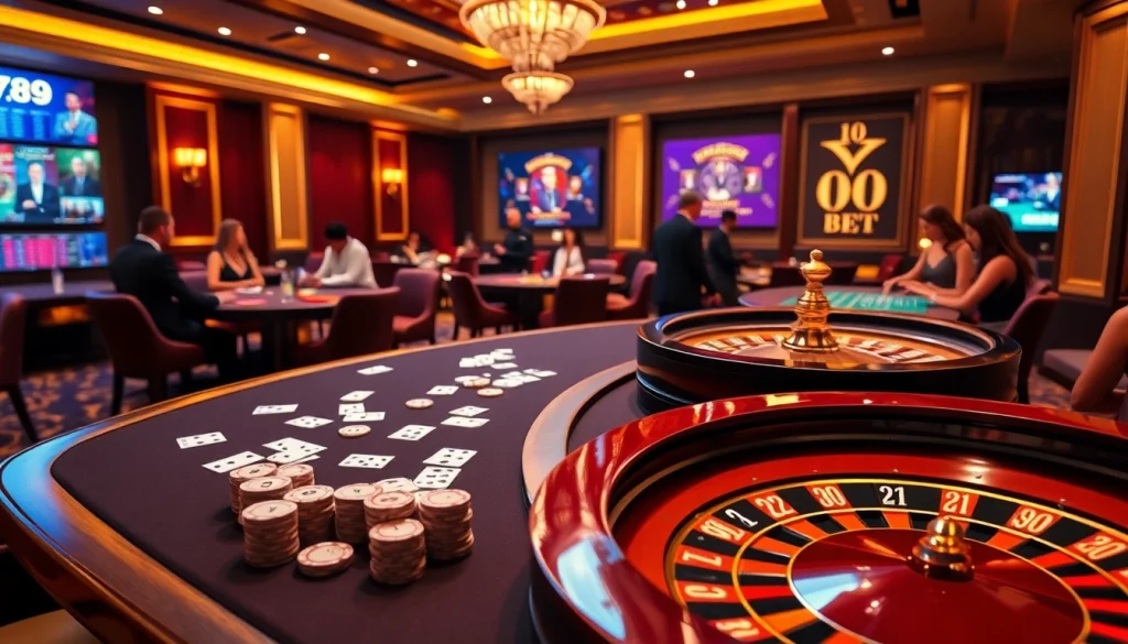 Exciting casino atmosphere with 789 BET theme featuring poker chips and roulette.