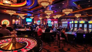 Players enjoying high-stakes games at Jun88 casino, showcasing vibrant tables and slot machines.