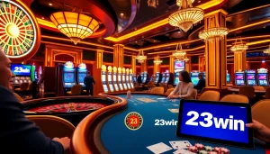 Players enjoying a thrilling moment at 23win's vibrant casino with roulette, slots, and poker tables.