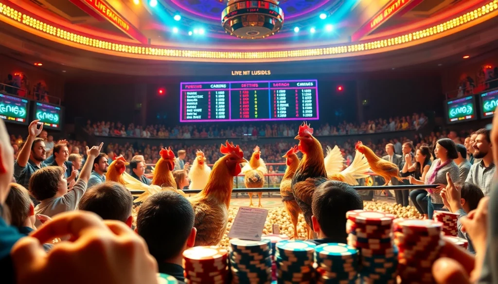 Engage with the excitement of đá gà trực tiếp betting in a thrilling live chicken fight surrounded by casino elements.