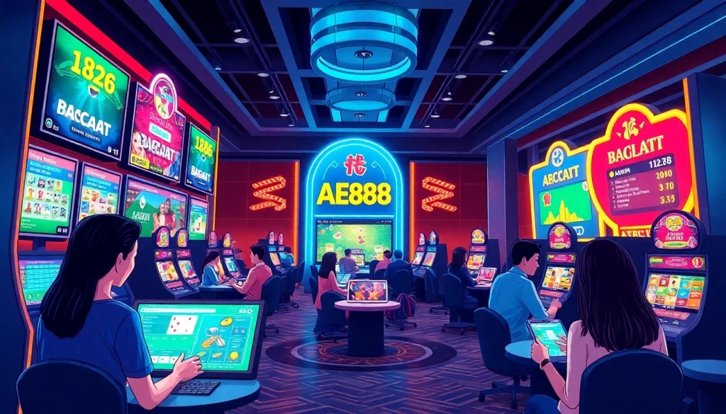 Link AE888 mới nhất - Engaging gamers in a vibrant, high-tech casino environment.