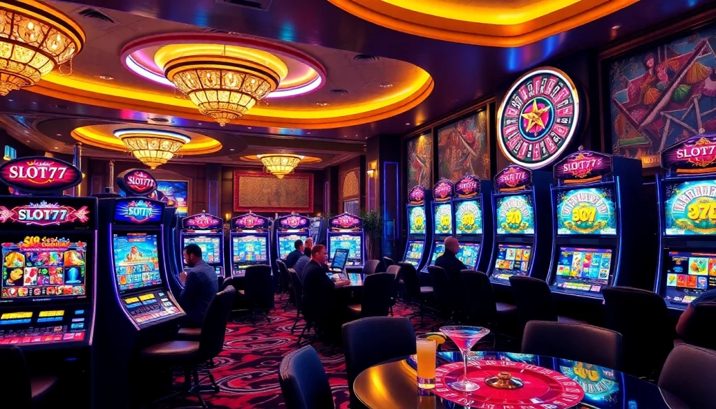 Players enjoying Slot777 on vibrant slot machines in a luxurious casino environment.