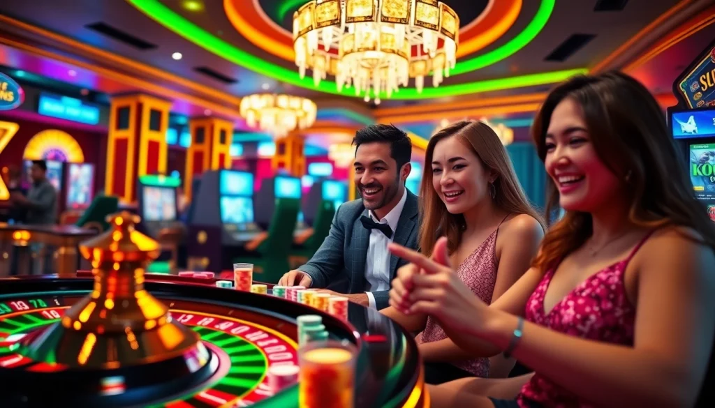 Exciting gambling interface at goôg88 featuring players, casino tables, and vibrant slot machines.