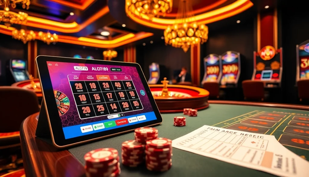 Engaging scene showcasing ALO789 link nét with vibrant casino tables and betting slips, inviting excitement and professionalism.