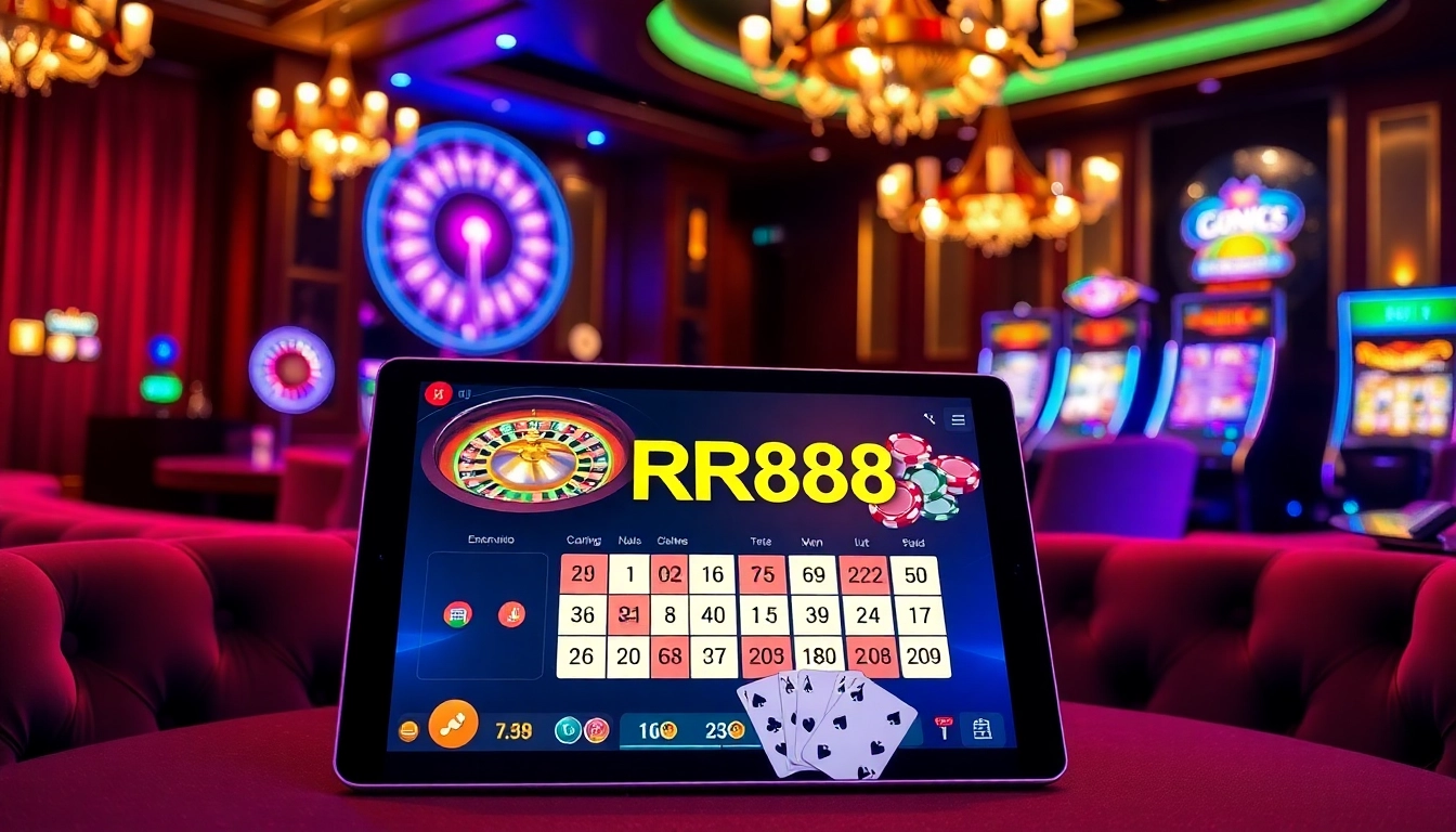 Experience the thrill of gambling at RR88 with dynamic online gaming visuals and elegant casino elements.