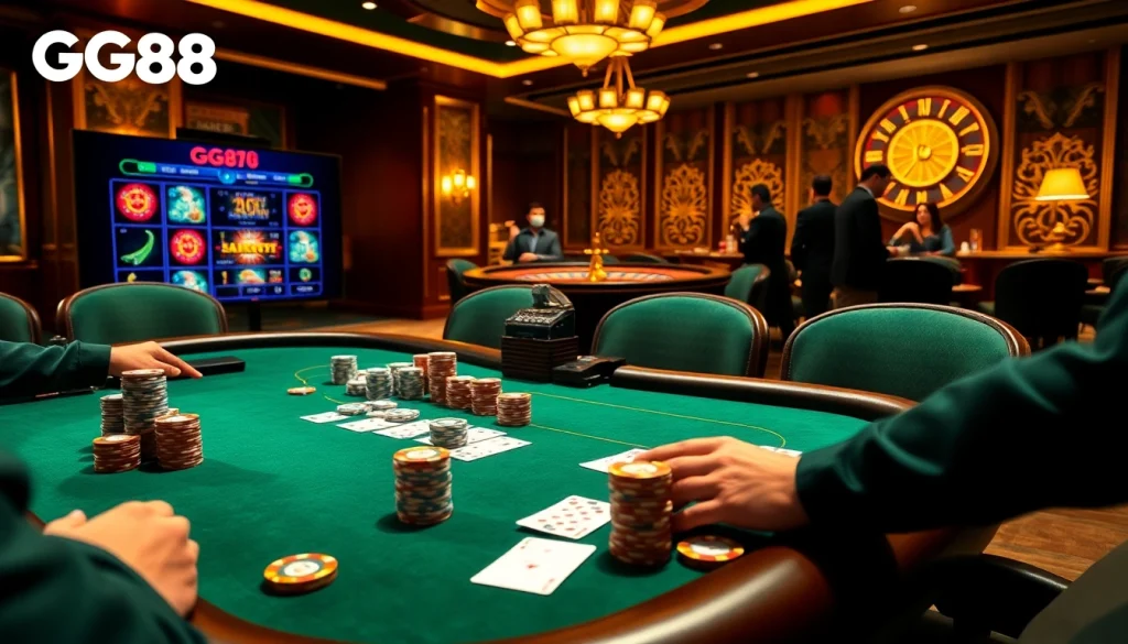 Experience the excitement of gambling at GG88 with a dynamic poker table scene, showcasing high stakes and winning potential.