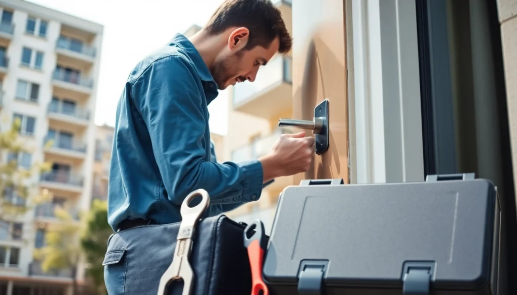 Schlüsseldienst Notdienst Berlin: locksmith repairing a door in Berlin.