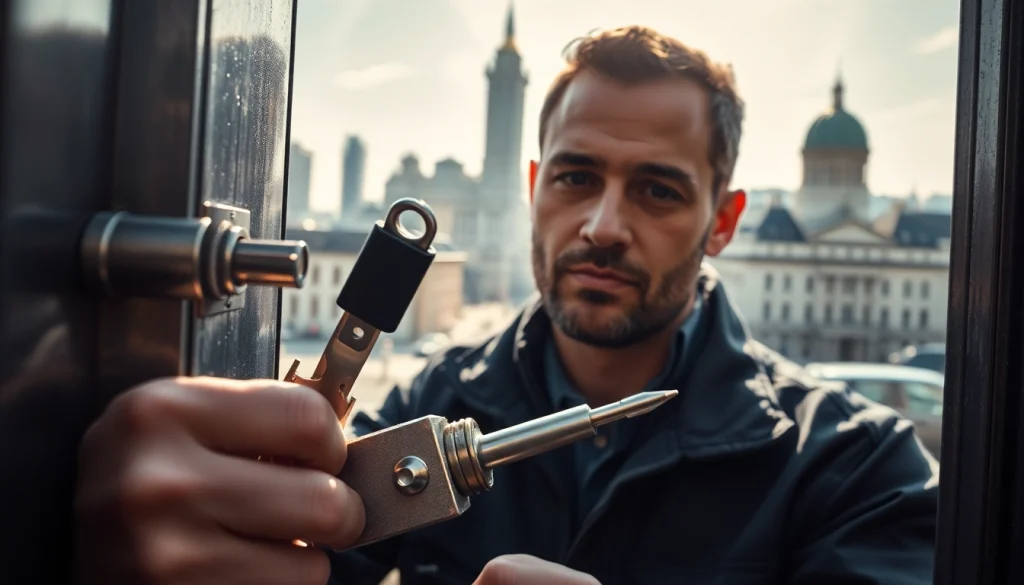 Professioneller Schlüsseldienst Notdienst Berlin, der ein Schloss repariert und Tools präsentiert.