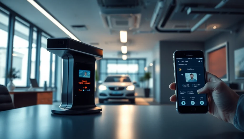 Effiziente elektronische Führerscheinkontrolle mit modernem Scanner und digitaler Schnittstelle in einer Büroumgebung.