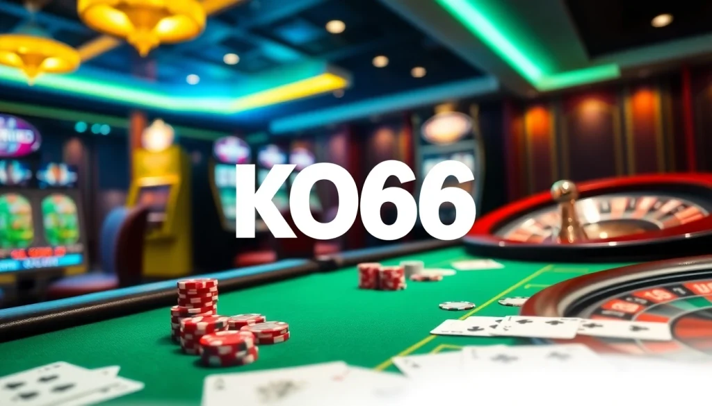 Trải nghiệm sự hồi hộp của KO66 với những bàn casino sống động, lá bài và chip.