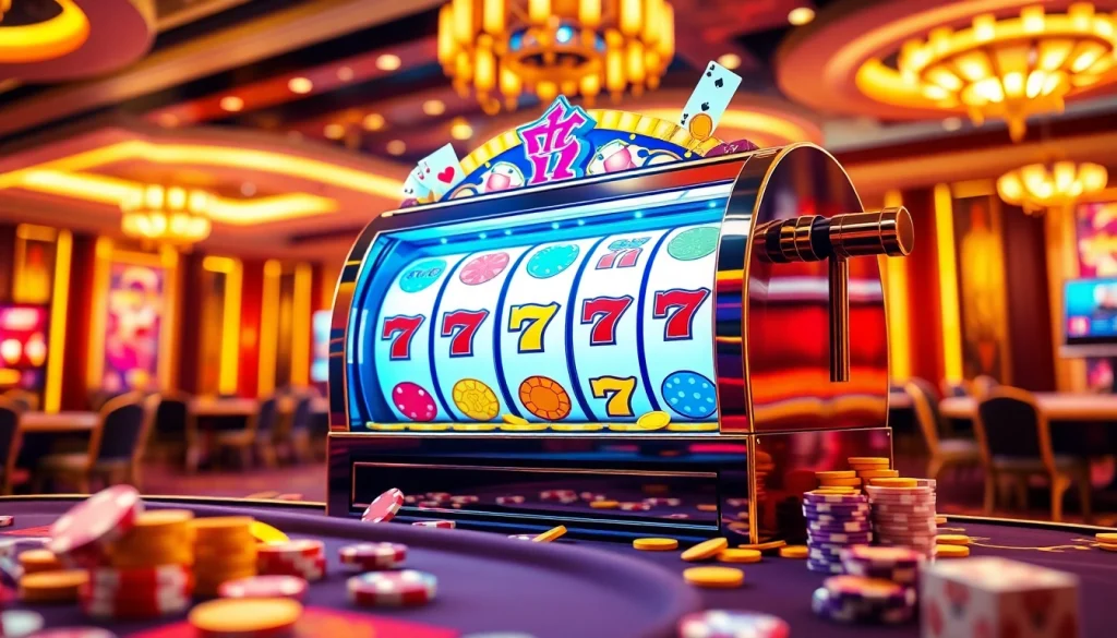 Nổ hũ jackpot spinning on a vibrant casino slot machine surrounded by colorful poker chips and cards.