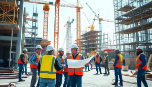 Construction workers plan a project on site, showcasing teamwork and safety.