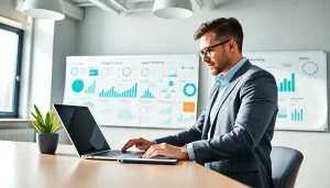 Optimizing offpage SEO strategies in a modern workspace with charts and graphs.