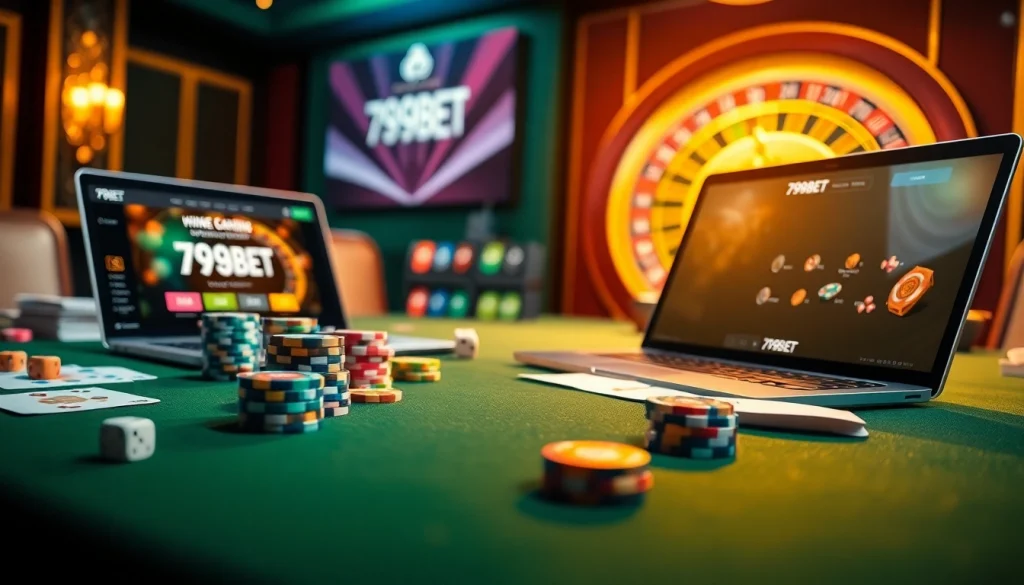 Exciting gambling scene featuring 789BET with poker chips, cards, and roulette.