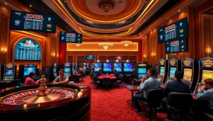 Exciting casino scene showcasing dynamic gameplay at https://9ph.art/ with roulette, poker chips, and slot machines.