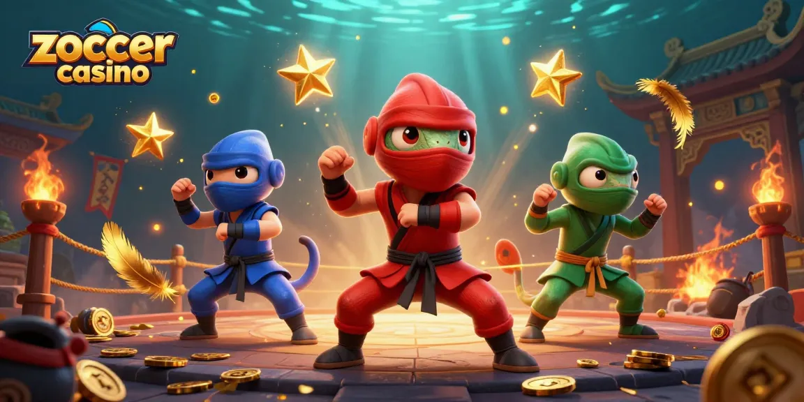 Experience the excitement of zoccer casino in a vibrant 3D illustration featuring colorful ninja chameleons and casino elements.