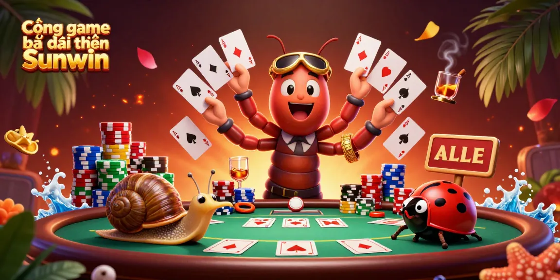 Experience excitement at the Cổng game bài đổi thưởng Sunwin with a vibrant 3D casino scene featuring colorful poker elements.