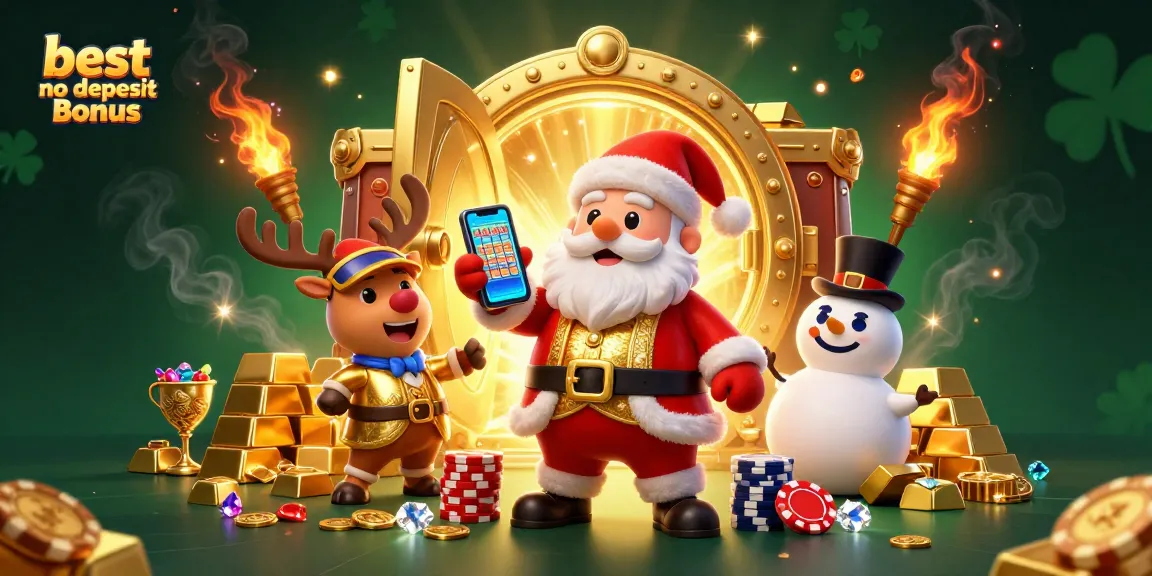 Experience the best no deposit bonus with Santa, a reindeer dealer, and a poker chip snowman in a vibrant casino scene.