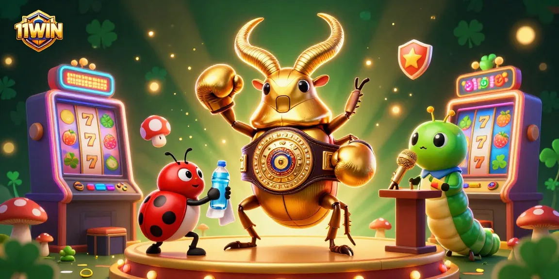 Join the action at 11WIN with a cartoon beetle boxing champion surrounded by vibrant slot machines.