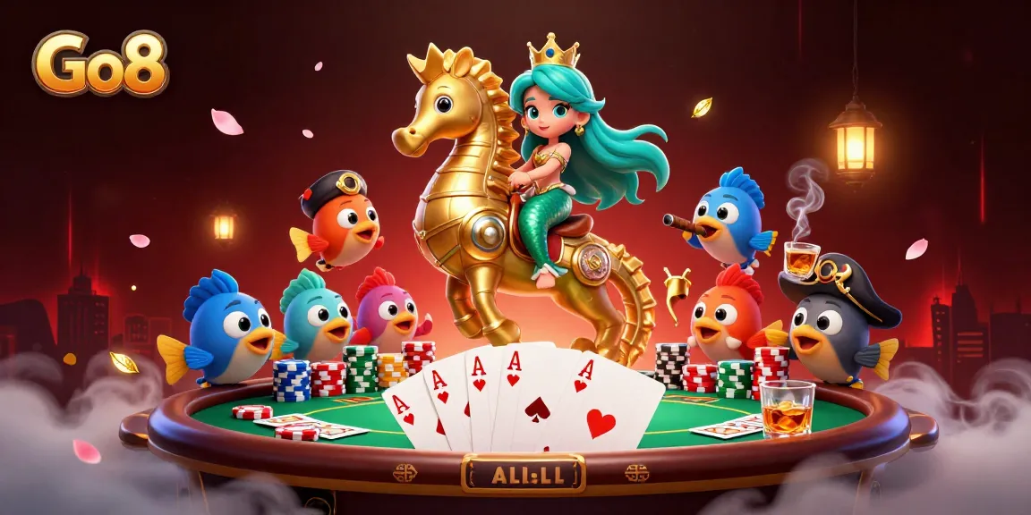 Experience Go8's exciting sea-themed poker adventure with vibrant characters and elements in a lively illustration.