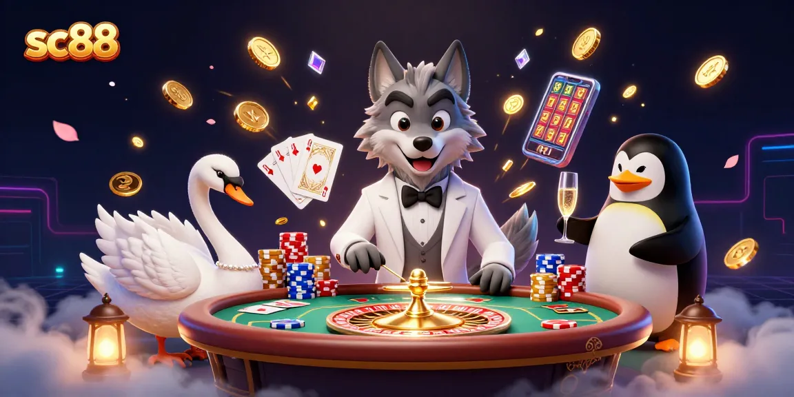 Experience the excitement at sc88 with a lively 3D casino scene featuring card games and sparkling treasures.