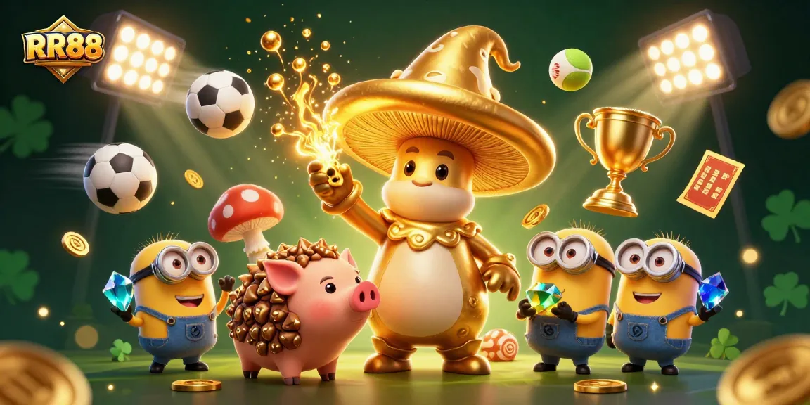 Experience the magic of RR88 with a golden wizard and sports elements igniting the betting atmosphere.