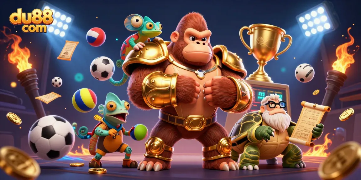 Experience thrilling gameplay at du88 com with the gorilla king and chameleon spy in an exciting casino scene.