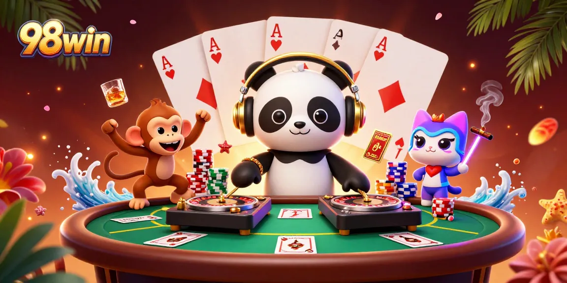 Engage in excitement at 98win with DJ panda, poker chips, and vibrant casino atmosphere.