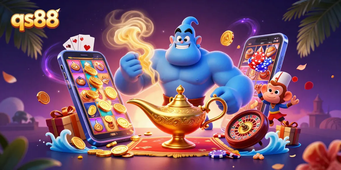 Experience thrilling wins at qs88 with a genie revealing treasures in this vibrant casino scene.