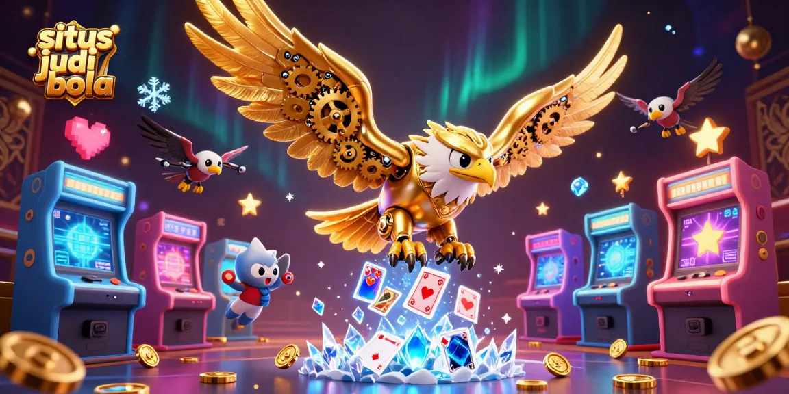Situs judi bola scene with a cybernetic golden eagle diving through holographic cards, representing dynamic betting