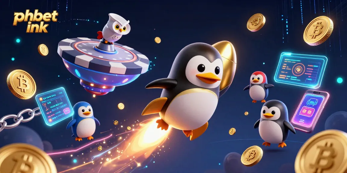 Engage in thrilling gaming with phbet ink, a lively 3D illustration of a golden penguin soaring through a cosmic casino landscape.