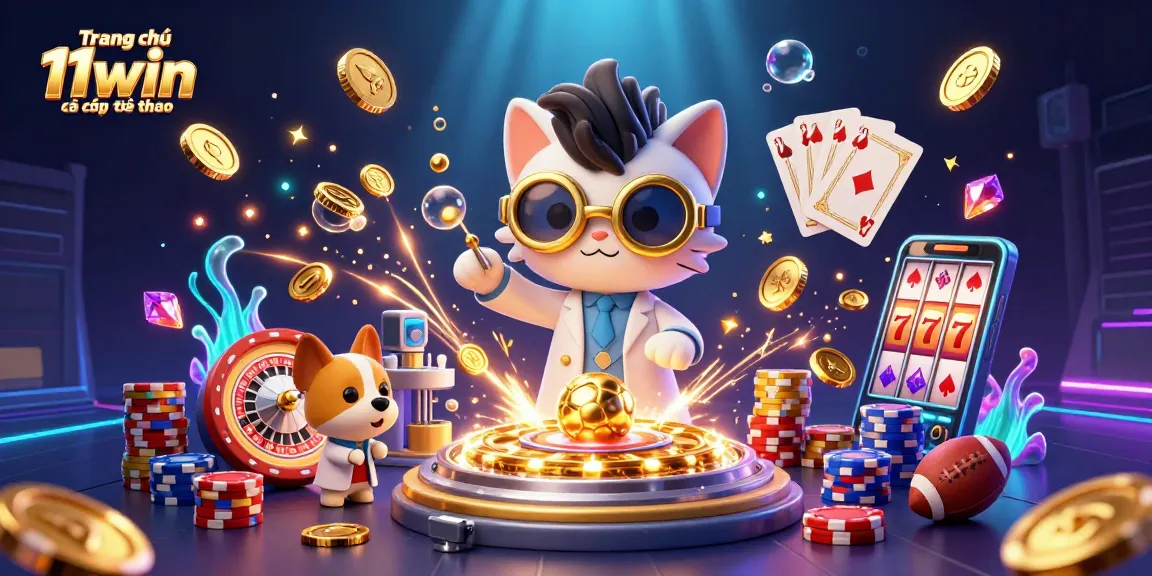 Experience Trang chủ 11win cá cược thể thao with a vibrant scene featuring a mad scientist cat and golden coins exploding throughout the lab.