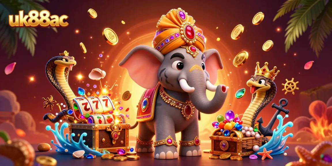 Experience thrilling gameplay with uk88ac, featuring a vibrant casino-themed scene with animated characters and treasure.